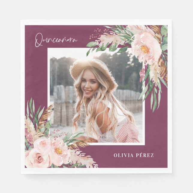 Quinceañera purple girly floral photo birthday napkin (Front)