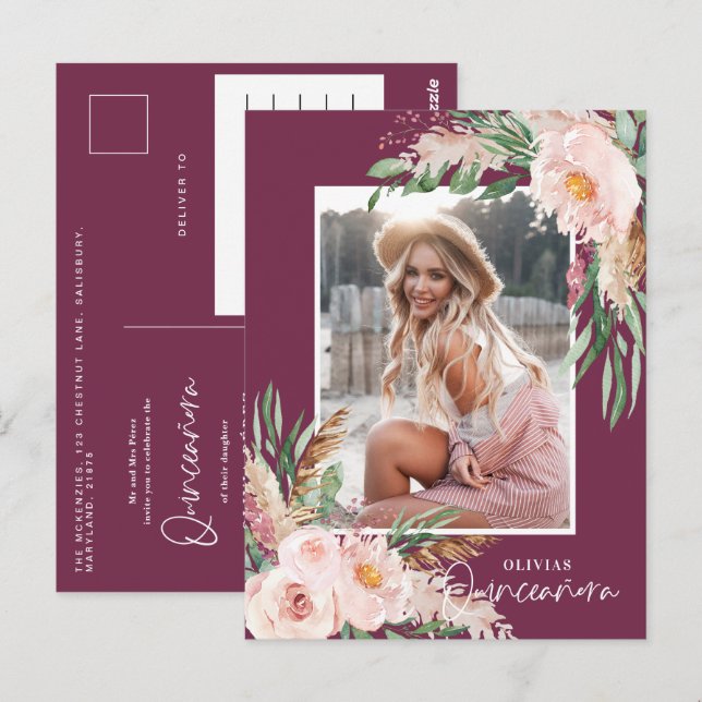 Quinceañera purple girly floral photo birthday postcard (Front/Back)