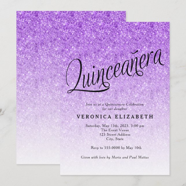 Quinceanera Purple Glitter Birthday Invitation (Front/Back)