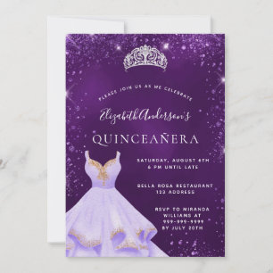 Quinceanera purple glitter dust dress tiara invitation