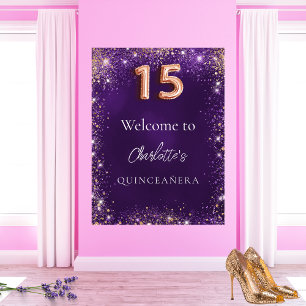 Quinceanera purple glitter sparkles welcome poster