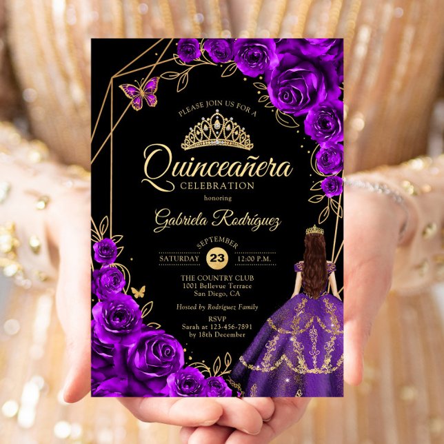 Quinceanera Purple Gold Butterfly Dress Floral Invitation (Creator Uploaded)