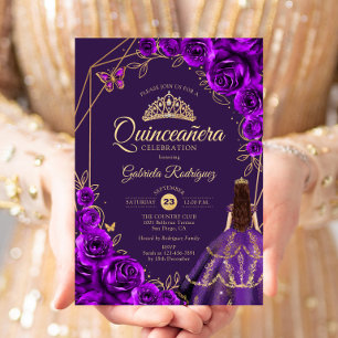 Quinceanera Purple Gold Dress Floral Invitation