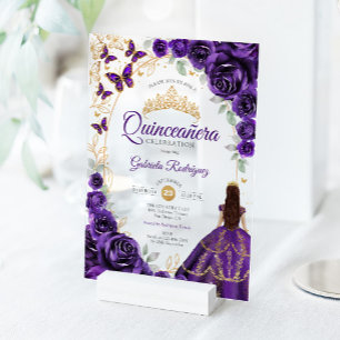 Quinceanera Purple Gold Floral Acrylic Invitations