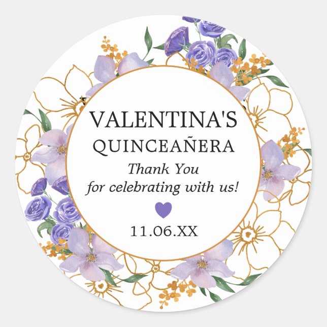 Quinceanera Purple Gold Floral Favour Thank You Classic Round Sticker (Front)