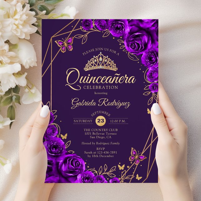 Quinceanera Purple Gold Floral Invitation (Creator Uploaded)