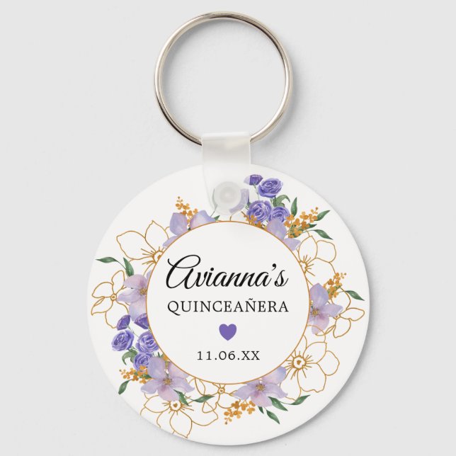Quinceanera Purple Gold Floral Party Favour Key Ring (Front)