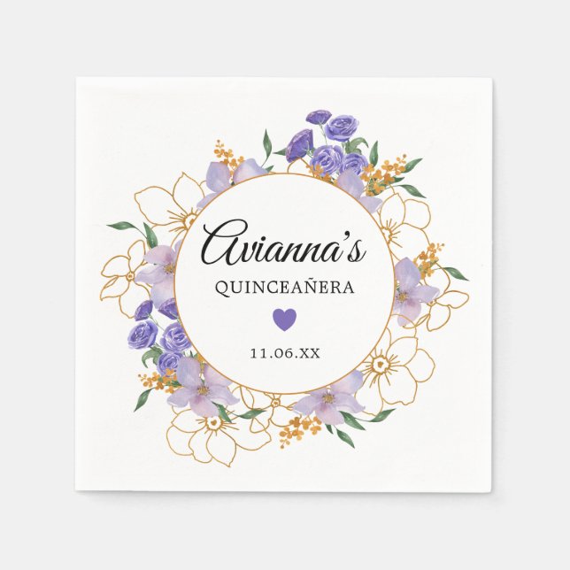 Quinceanera Purple Gold Floral Party Napkin (Front)