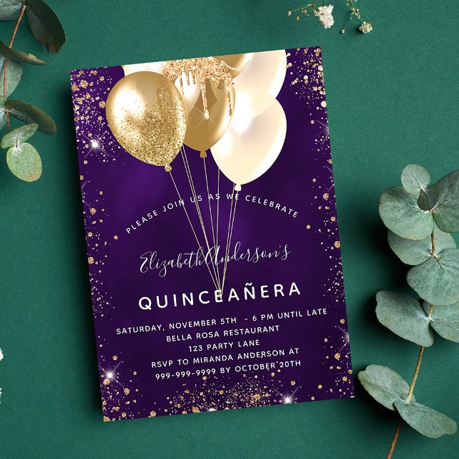 Quinceanera purple gold glitter balloons invitation postcard (Creator Uploaded)
