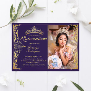 Quinceanera Purple Gold Quinceanera with photo Invitation