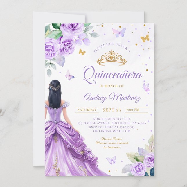 Quinceanera Purple Gold Rose Butterfly Princess Invitation (Front)
