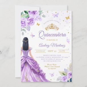 Quinceanera Purple Gold Rose Butterfly Princess Invitation