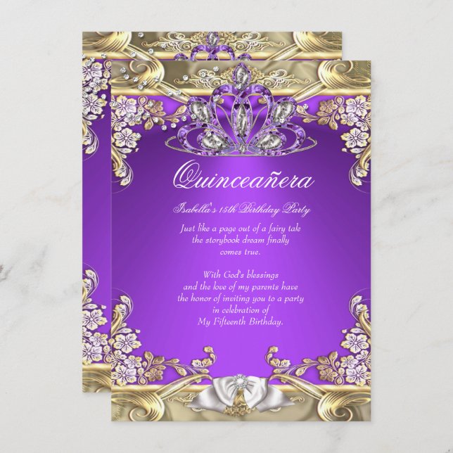 Quinceanera Purple Gold White 15th Birthday Party Invitation (Front/Back)