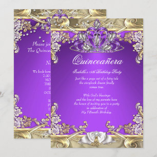 Quinceanera Purple Gold White 15th Birthday Party Invitation