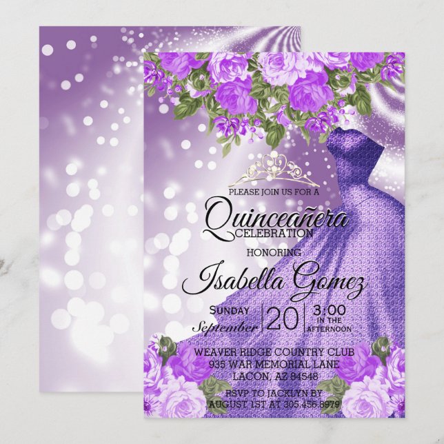 Quinceañera Purple Gown and Flowers Invitation (Front/Back)