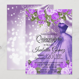 Quinceañera Purple Gown and Flowers Invitation
