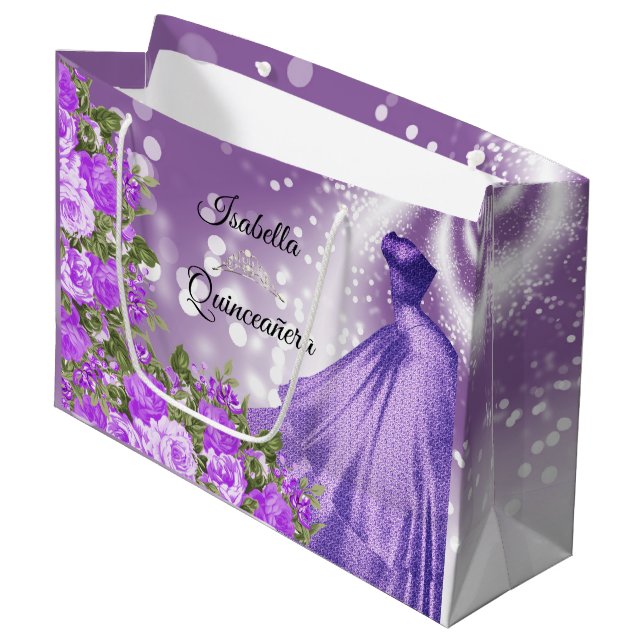 Quinceañera  Purple Gown and Flowers Large Gift Bag (Front Angled)