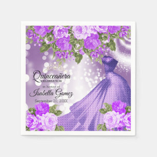 Quinceañera Purple Gown and Flowers Napkin