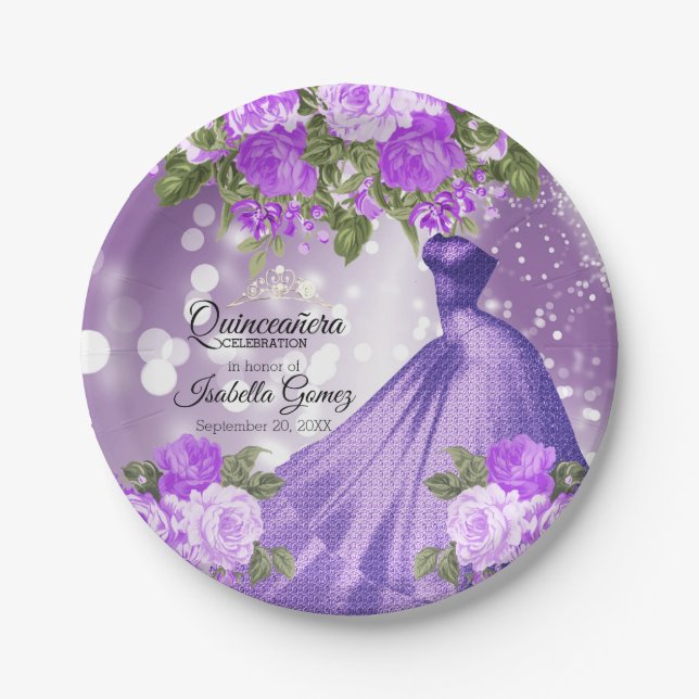Quinceañera Purple Gown and Flowers Paper Plate (Front)