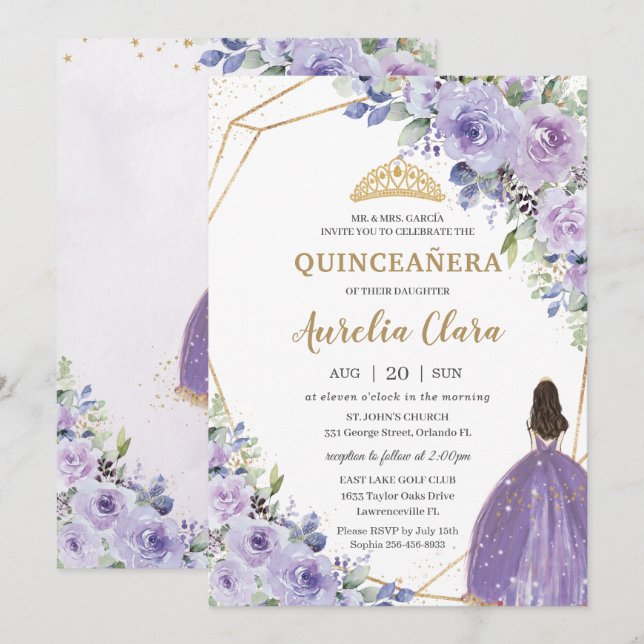 Quinceañera Purple Lavender Floral Gold Princess I Invitation (Front/Back)