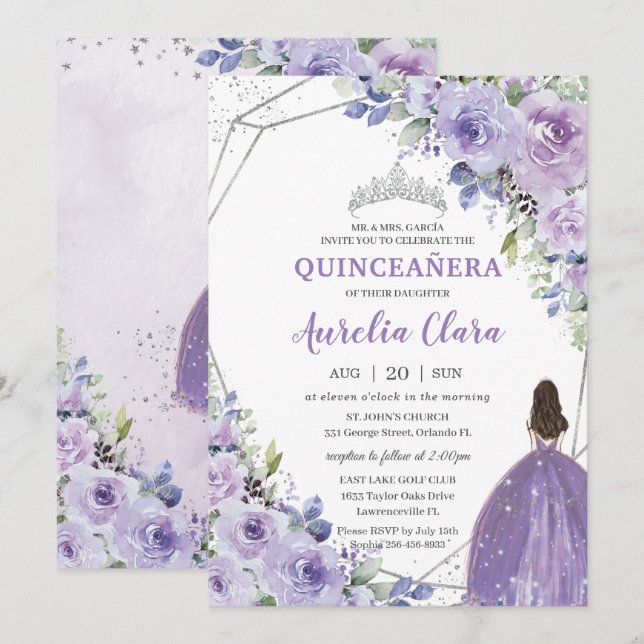 Quinceañera Purple Lavender Floral Silver Princess Invitation (Front/Back)