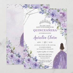 Quinceañera Purple Lavender Floral Silver Princess Invitation
