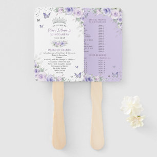 Quinceañera Purple Lavender Floral Silver Program Hand Fan