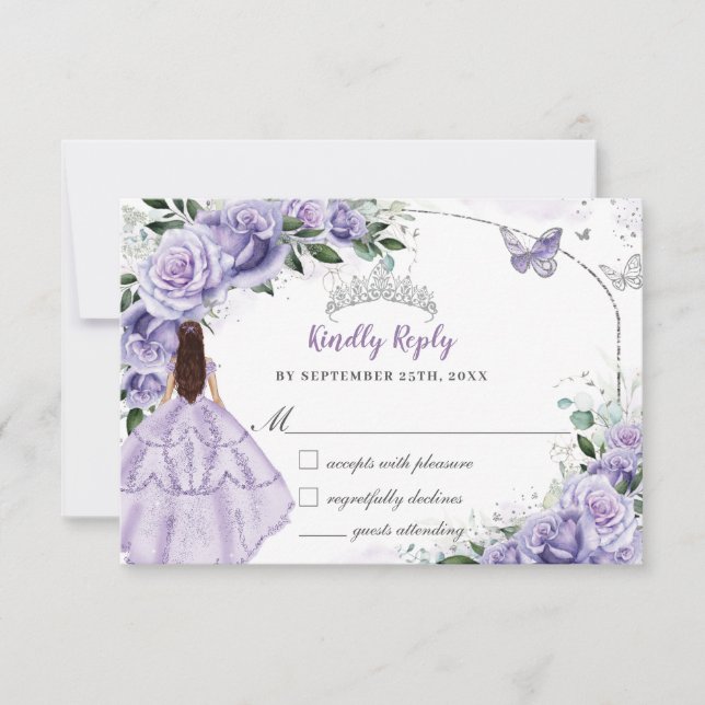 Quinceanera Purple Lavender Lilac Floral Princess RSVP Card (Front)
