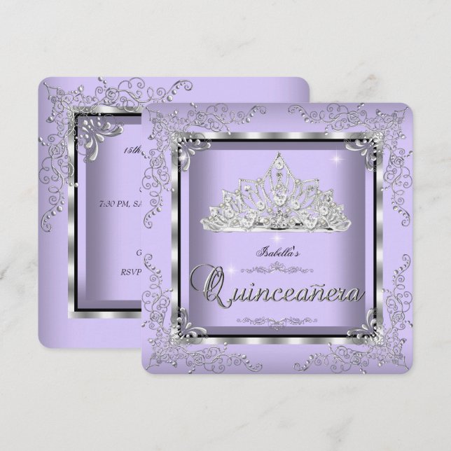 Quinceanera Purple Lavender Silver Diamond Tiara 3 Invitation (Front/Back)