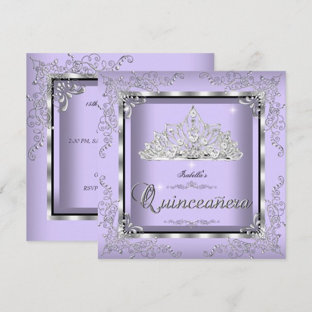 Quinceanera Purple Lavender Silver Diamond Tiara 3 Invitation (Front/Back)
