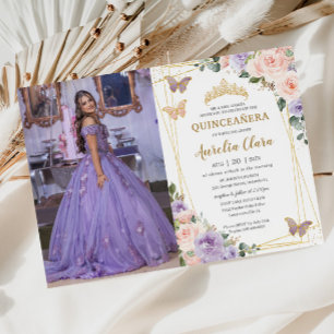 Quinceañera Purple Lilac Blush Floral Butterflies Invitation