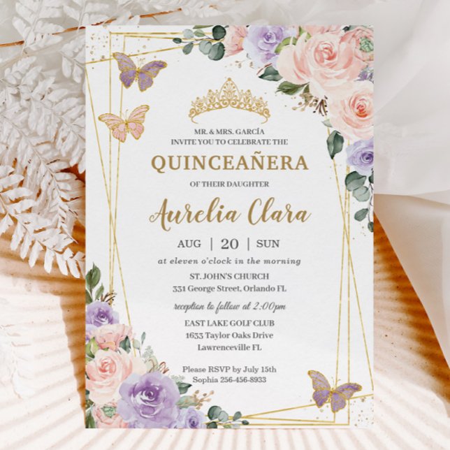 Quinceañera Purple Lilac Blush Floral Butterflies Invitation (Creator Uploaded)