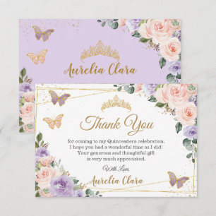 Quinceañera Purple Lilac Blush Floral Butterflies Thank You Card