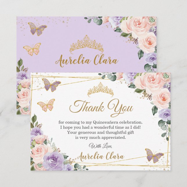 Quinceañera Purple Lilac Blush Floral Butterflies Thank You Card (Front/Back)