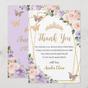 Quinceañera Purple Lilac Blush Floral Butterflies Thank You Card