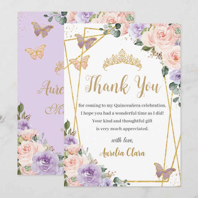 Quinceañera Purple Lilac Blush Floral Butterflies Thank You Card (Front/Back)