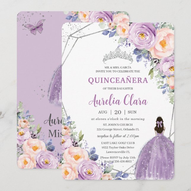 Quinceañera Purple Lilac Blush Floral Silver Dress Invitation (Front/Back)