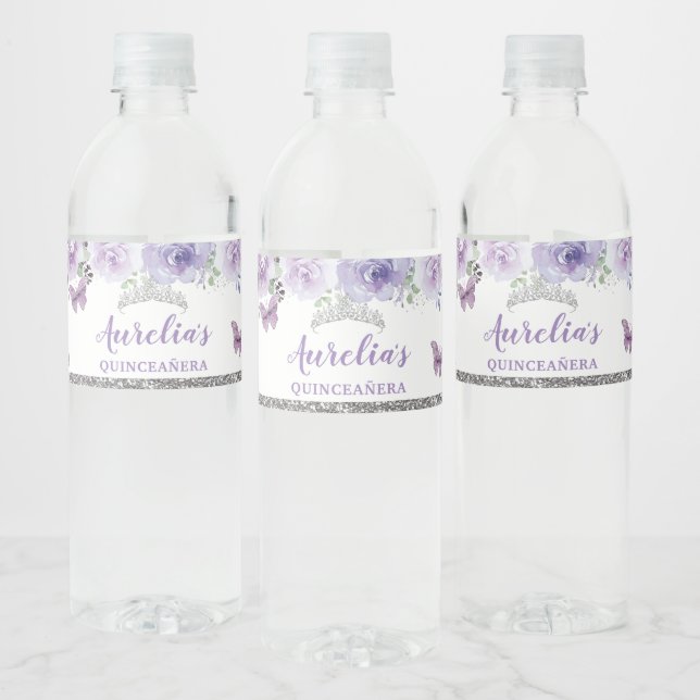 Quinceañera Purple Lilac Floral Birthday Favour Water Bottle Label (Bottles)