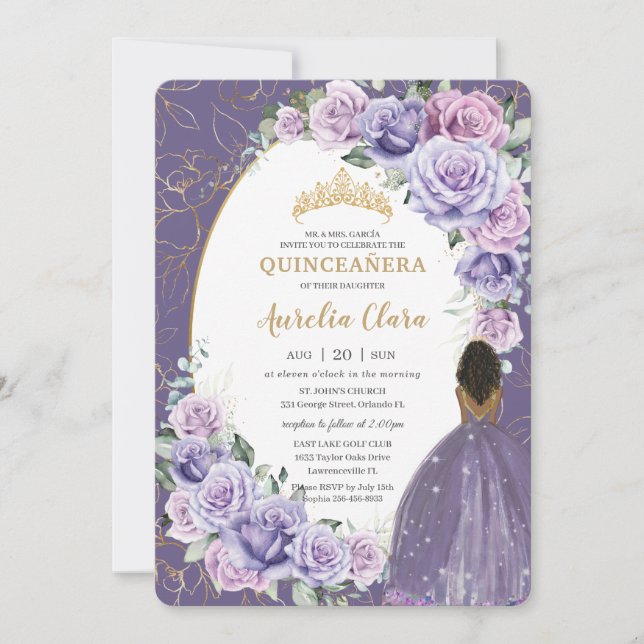 Quinceañera Purple Lilac Floral Brown Princess Invitation (Front)