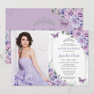 Quinceañera Purple Lilac Floral Butterflies Silver Invitation