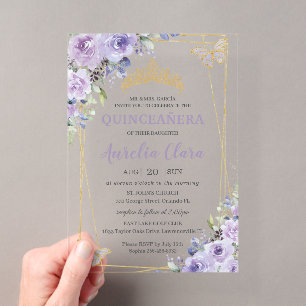 Quinceañera Purple Lilac Floral Butterflies Tiara Acrylic Invitations