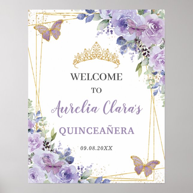 Quinceañera Purple Lilac Floral Gold Butterflies Poster (Front)