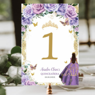 Quinceañera Purple Lilac Floral Gold Girl Dress Table Number