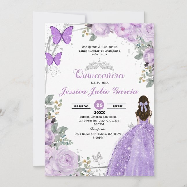 Quinceanera - Purple Lilac Floral Invitation (Front)