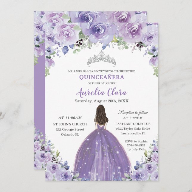 Quinceañera Purple Lilac Floral Princess Birthday Invitation (Front/Back)