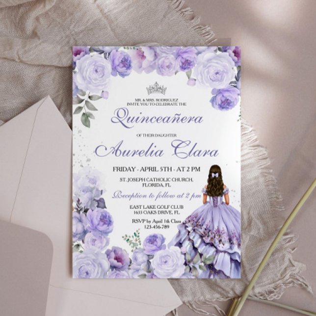 Quinceañera Purple Lilac Floral Princess Spanish Invitation (Creator Uploaded)