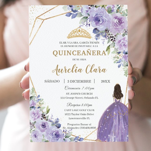 Quinceañera Purple Lilac Floral Princess Spanish Invitation (Creator Uploaded)