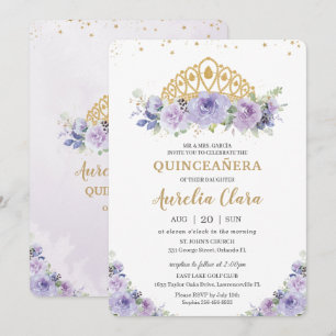 Quinceañera Purple Lilac Floral Princess Tiara Invitation