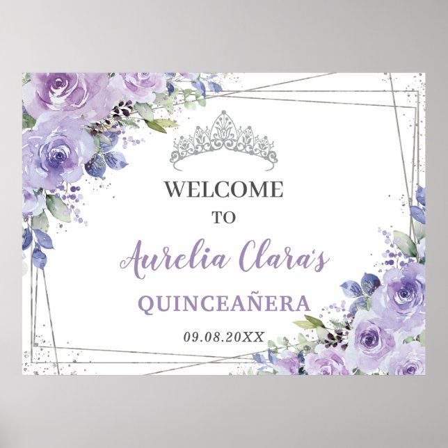 Quinceañera Purple Lilac Floral Silver Butterflies Poster (Front)