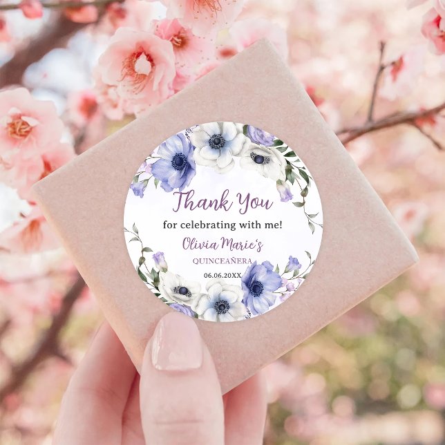 Quinceañera Purple Lilac Floral Tiara Butterflies Classic Round Sticker (Creator Uploaded)